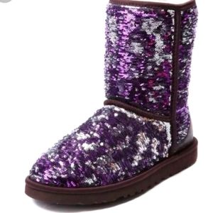Ugg Classic Short 2-Tone Reversible Sequin Purple Silver Boot Size 7